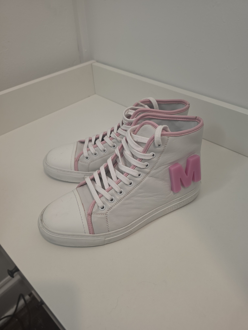 Moschino 38 White & Pink High-Top Sneakers with Pink Accent